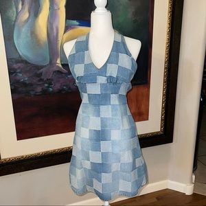Vintage Y2K FRANKIE B Patchwork Denim Halter Backless Dress 90s/00s